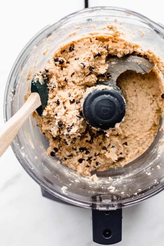 chocolate chip chickpea cookie dough in a food processor