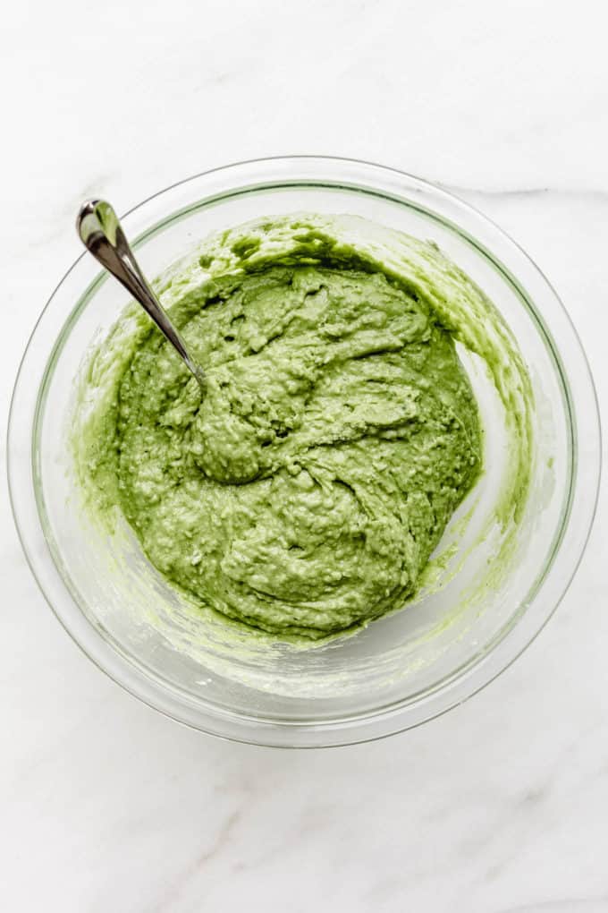 matcha muffin batter in a bowl