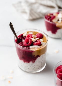 Peanut butter overnight oats topped with raspberry jam