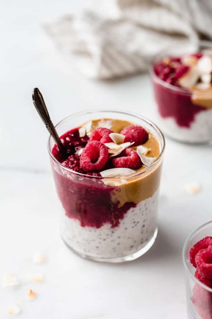 Peanut butter overnight oats topped with raspberry jam