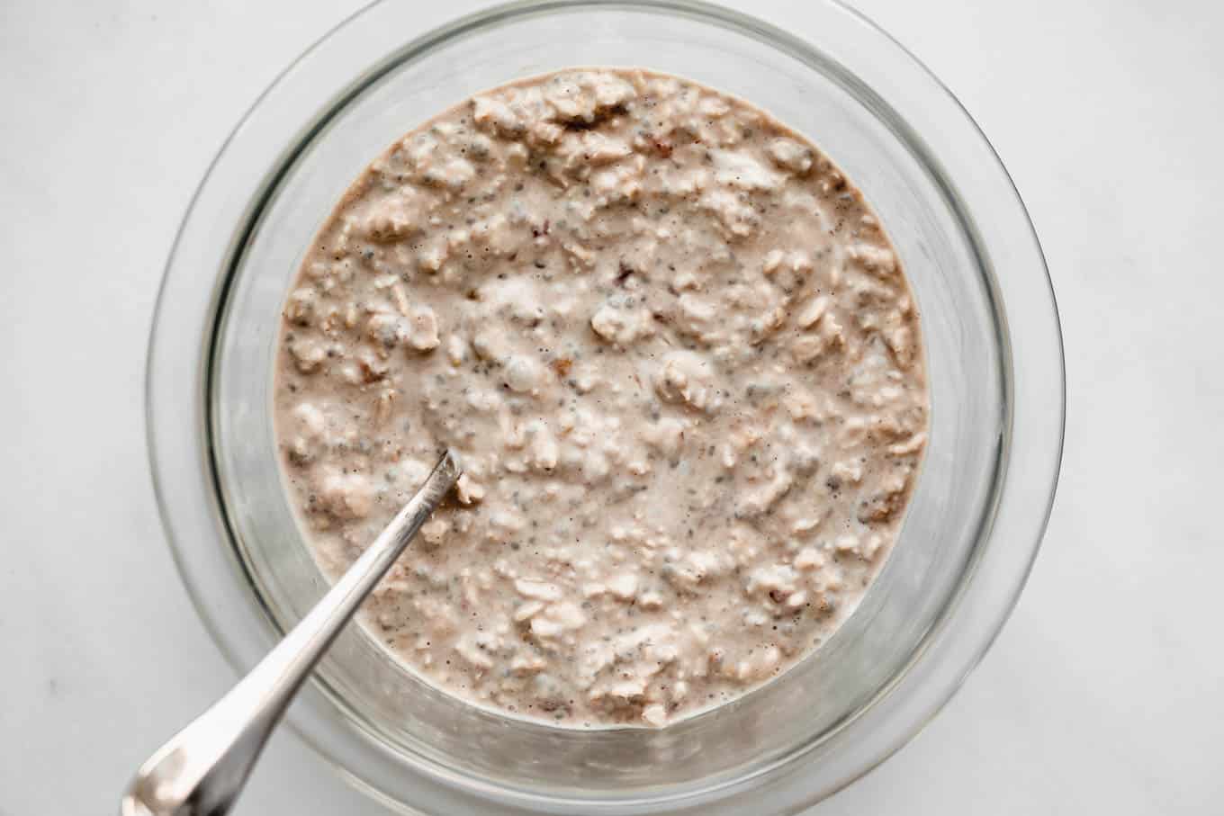 Peanut butter overnight oats in a mixing bowl