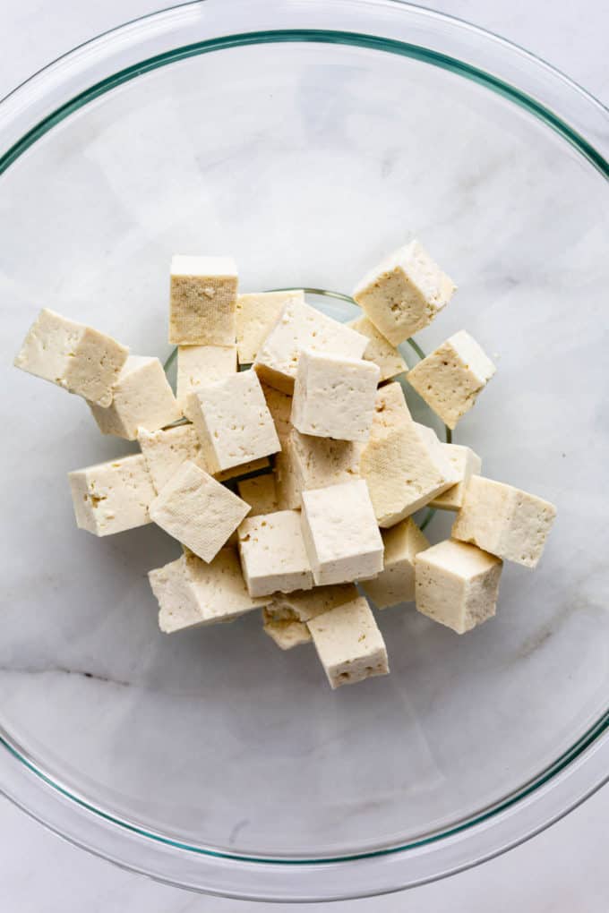 cubed tofu in a bowl