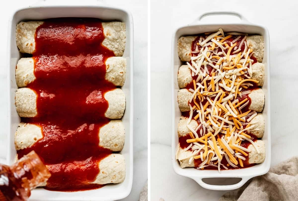 enchiladas in a pan topped with sauce and shredded cheese