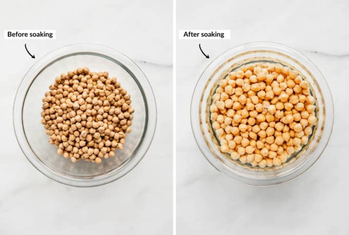two bowls of chickpeas before and after having been soaked