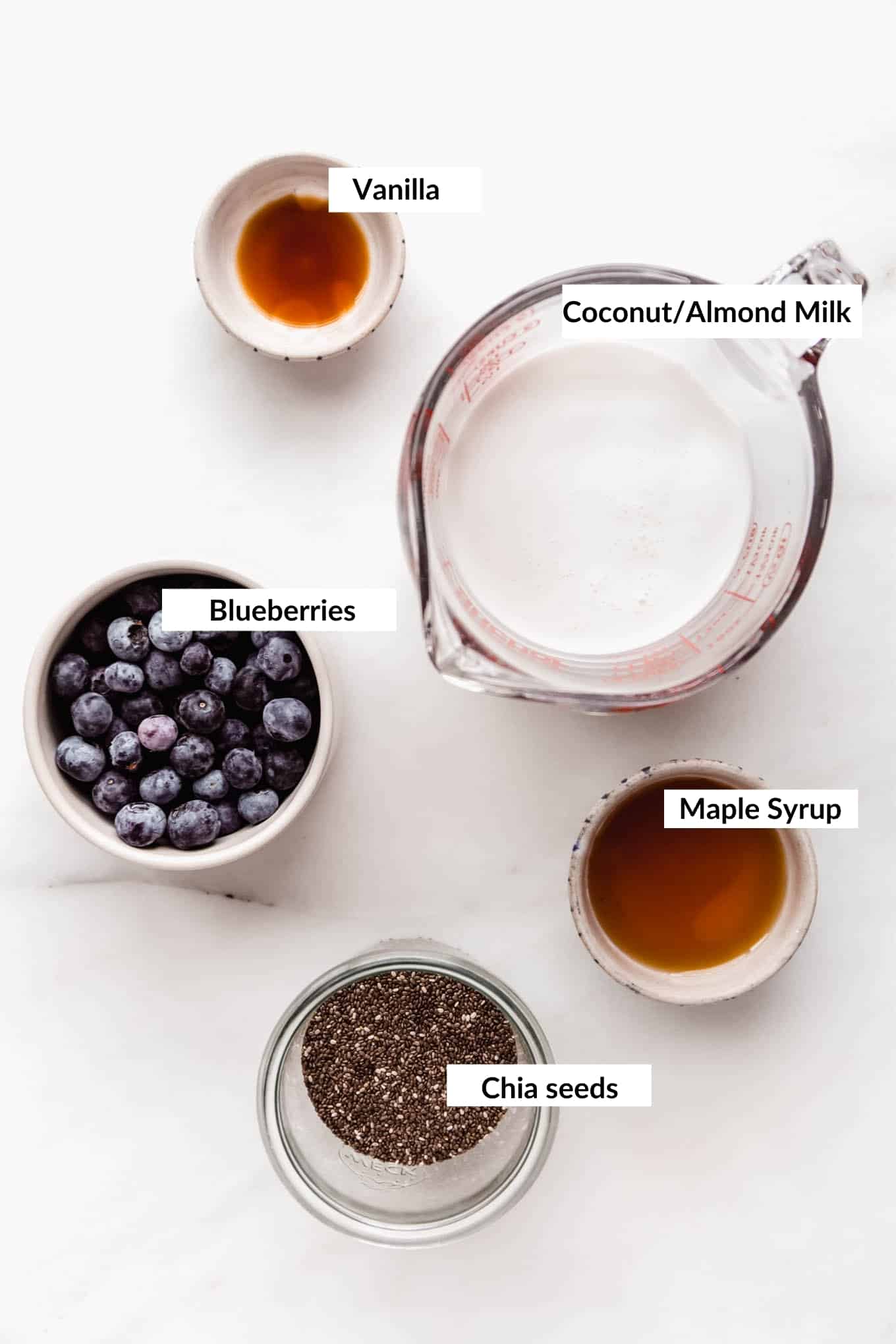 A flat lay of ingredients to make blueberry chia pudding