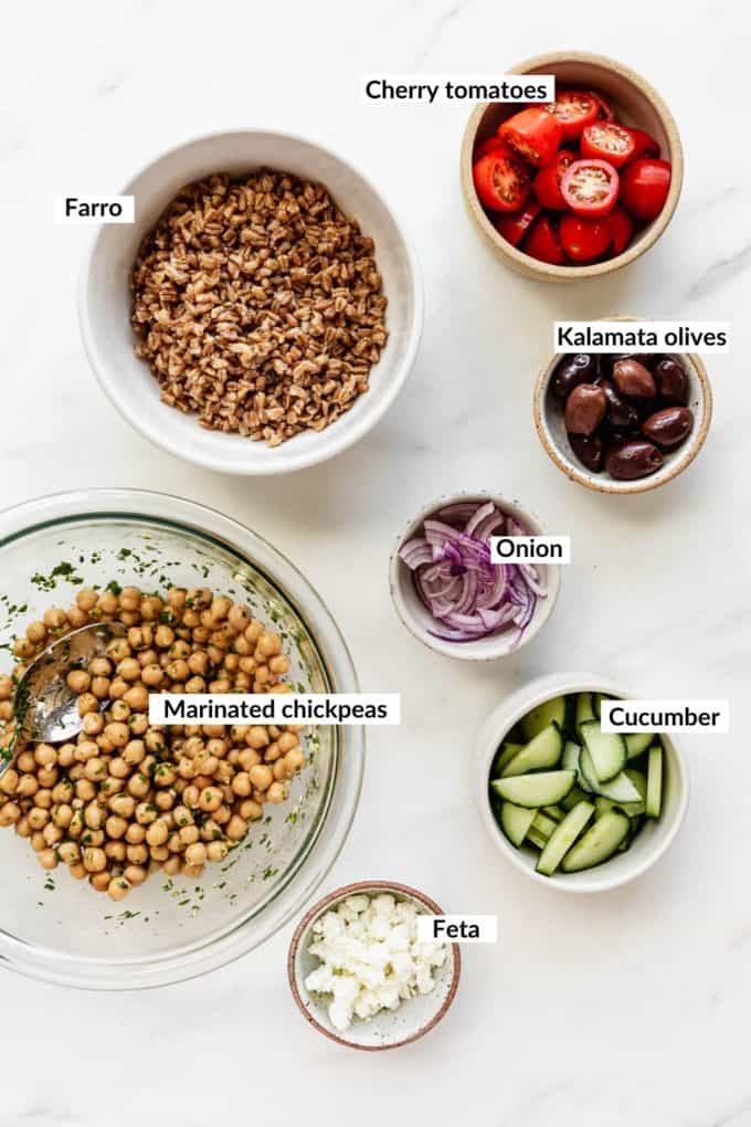 A flat lay of ingredients for a greek power bowl