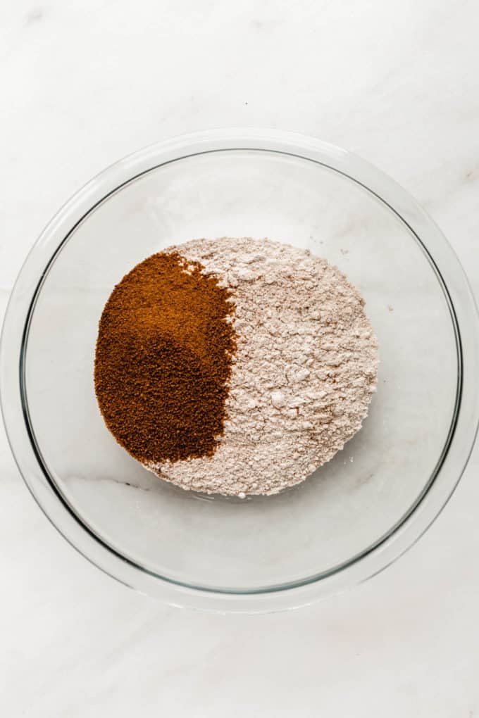 Flour and coconut sugar in a mixing bowl