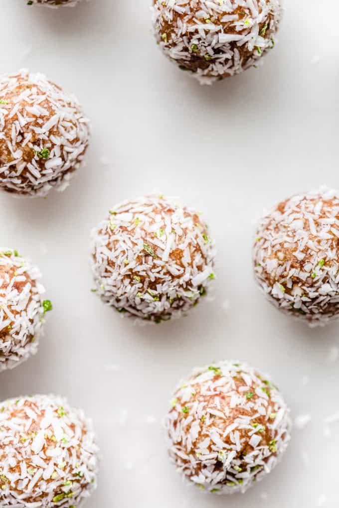 Key Lime energy balls on a marble board