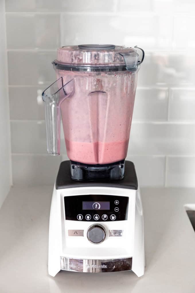 strawberry chia seed smoothie in a vitamix blender