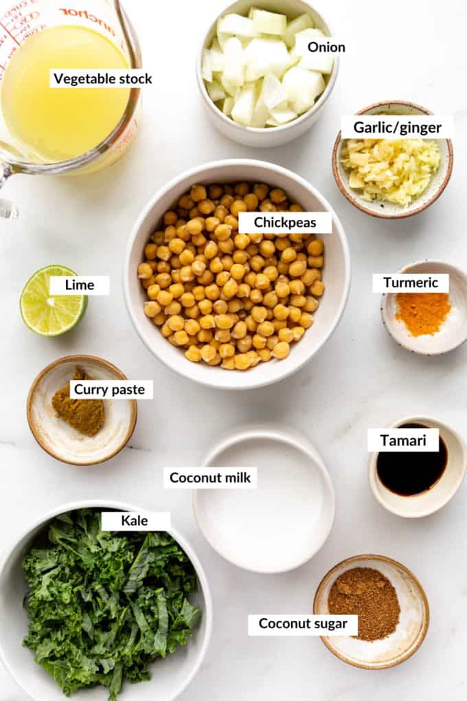 A flat lay of ingredients to make coconut chickpea curry