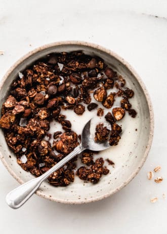A bowl with chocolate granola and a spoon in it