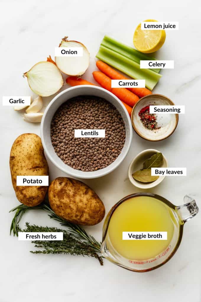a flat lay of ingredients for lentil stew