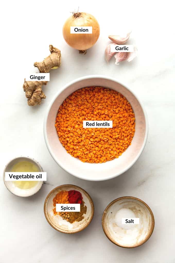 Ingredients to make red lentil dahl