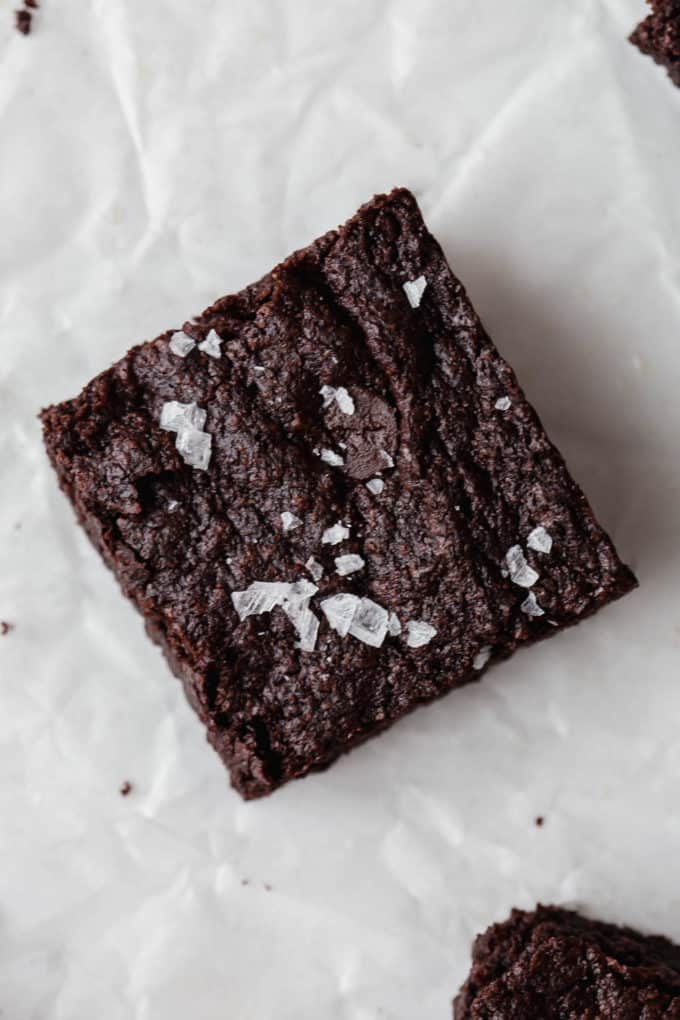 a vegan brownie topped with sea salt