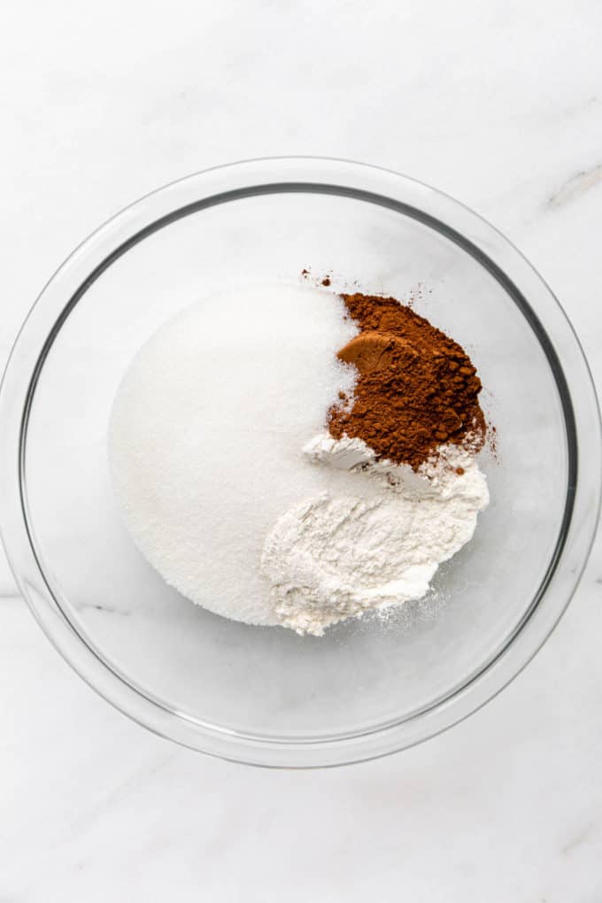 sugar, flour and cocoa powder in a clear mixing bowl