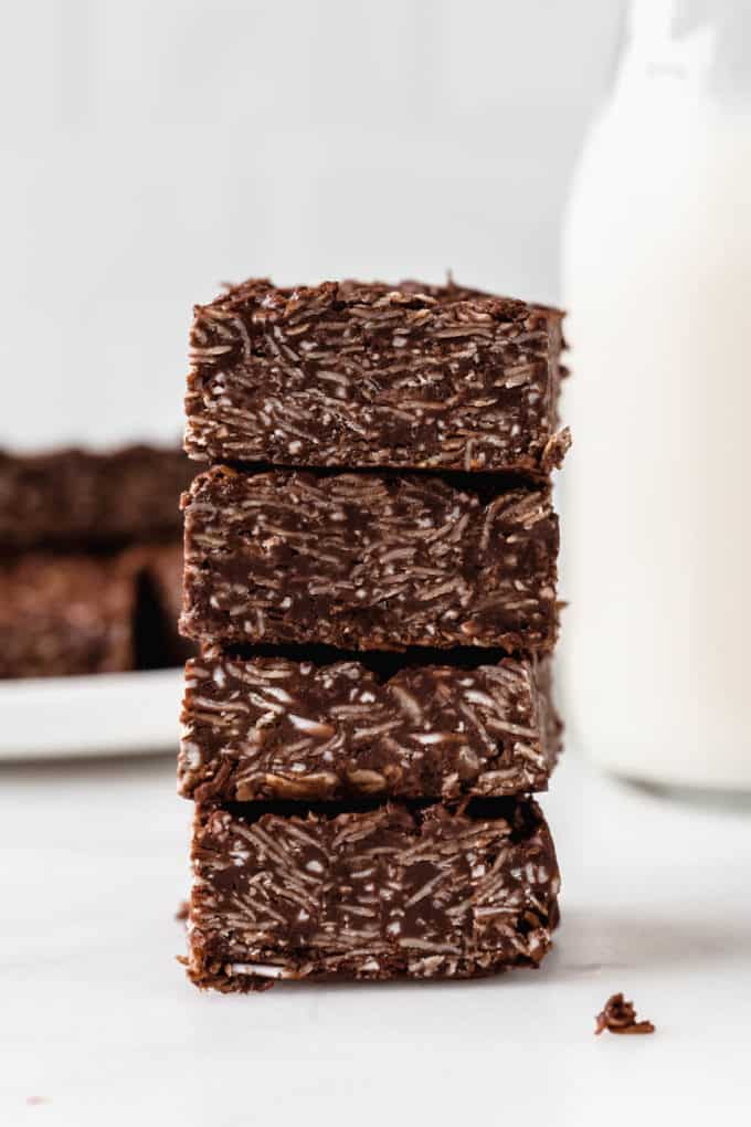 A stack of four chocolate coconut bars