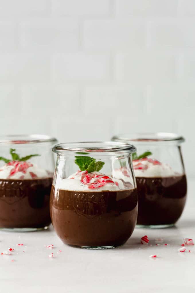 three cups of mint chocolate pudding