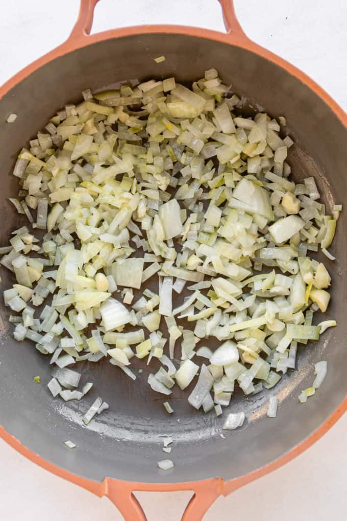 chopped onions and garlic in a pan