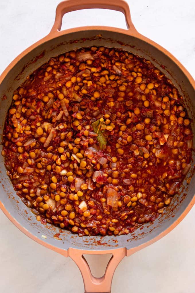 lentils in tomato sauce in a pan