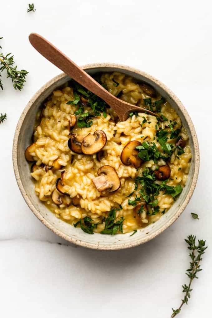 A bowl of vegan mushroom risotto