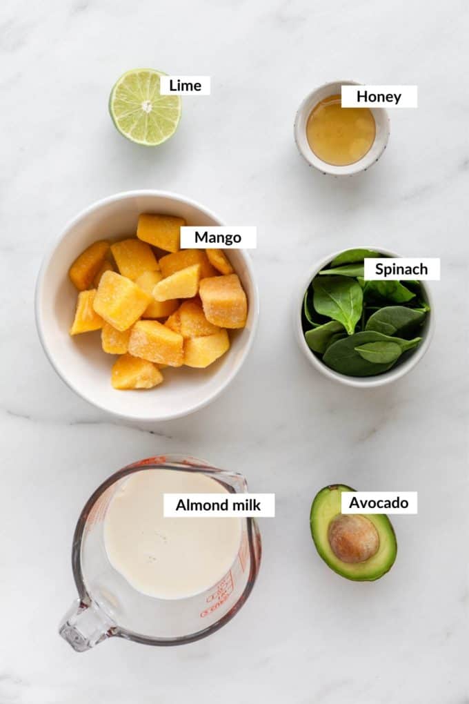 ingredients to make an avocado mango smoothie