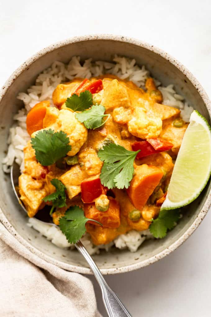 vegetable korma in a bowl with rice