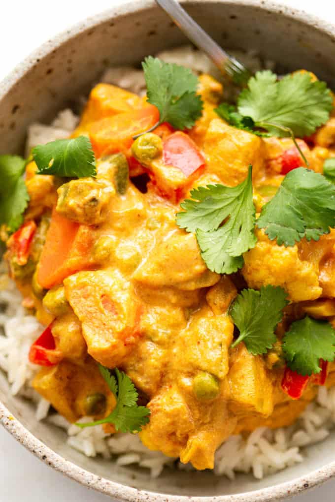 vegetable korma on rice in a bowl