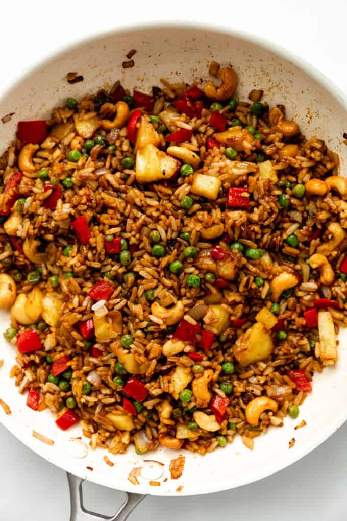 a pan of pineapple fried rice