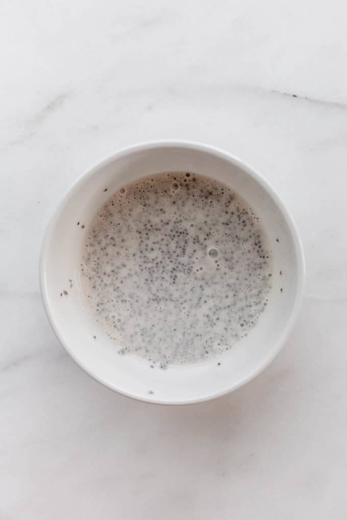 coconut milk and chia seeds in a white bowl