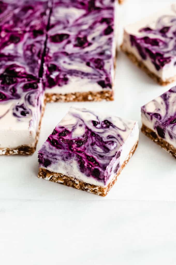 A vegan blueberry cheesecake bar