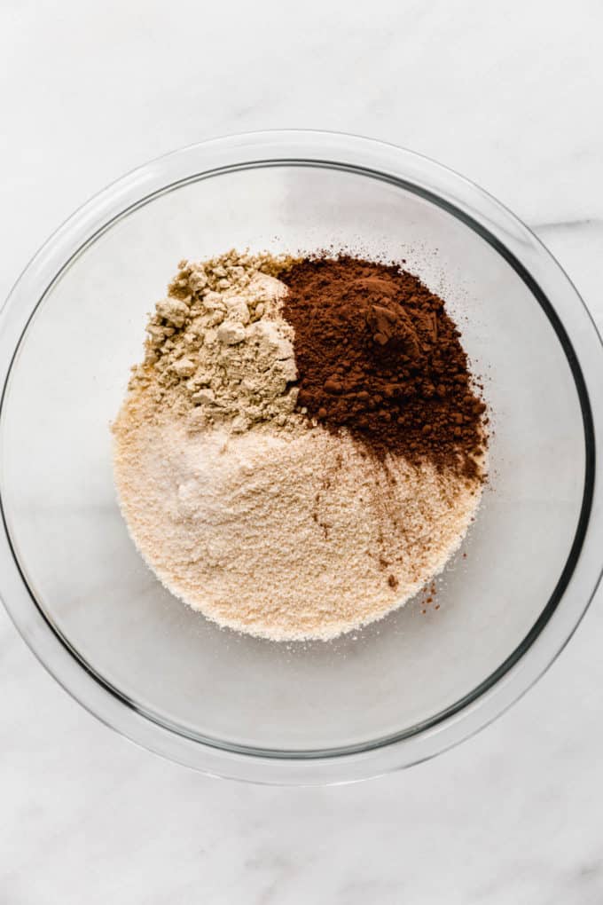 almond flour, cocoa powder and protein powder in a mixing bowl
