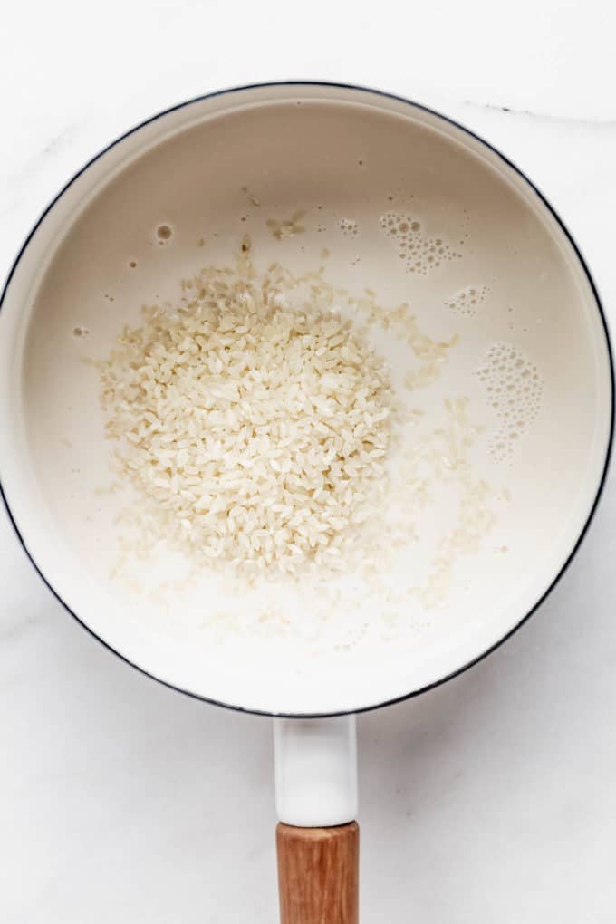 arborio rice in a pot of coconut milk