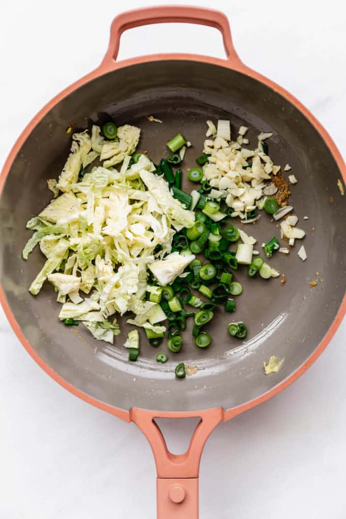 cabbage, green onions and garlic in a pink pan