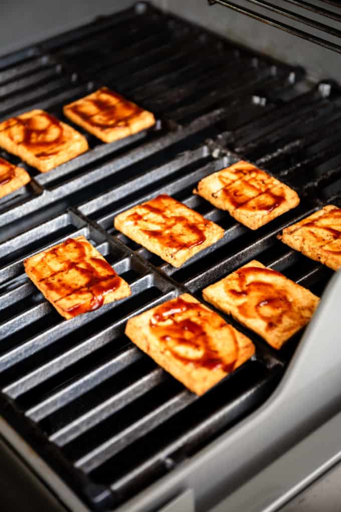 tofu with barbecue sauce on a grill