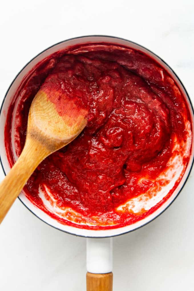 strawberry rhubarb compote in a white pot