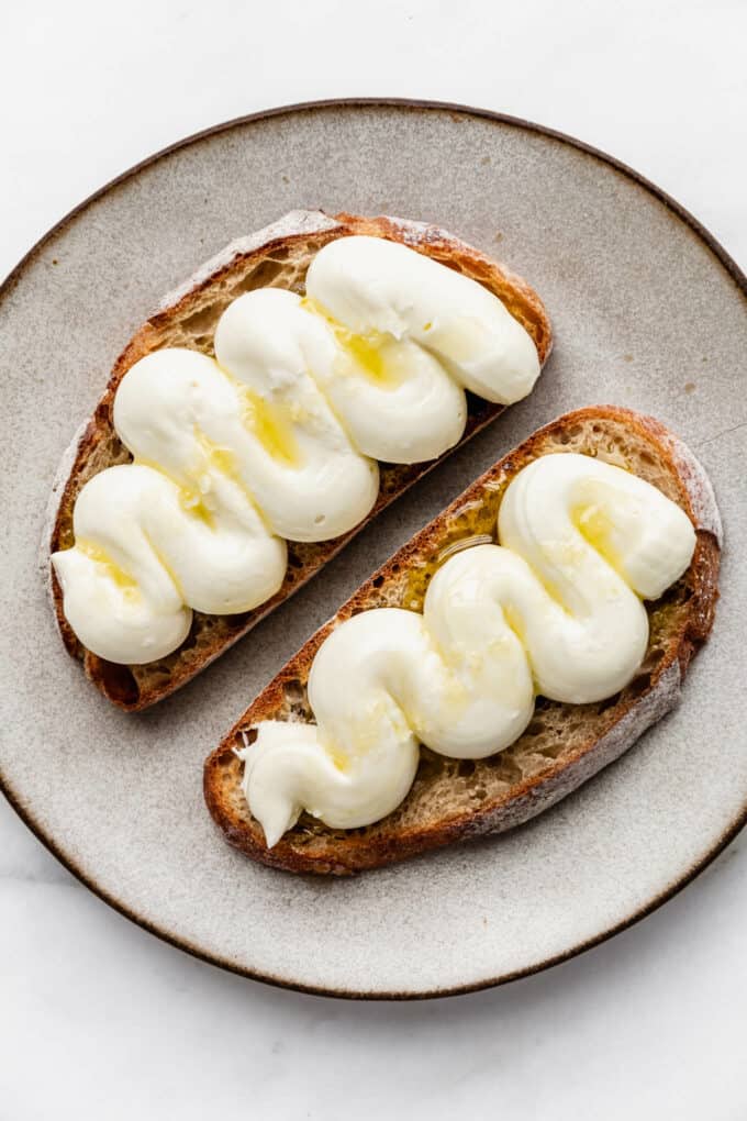 whipped ricotta with olive oil on sourdough toast