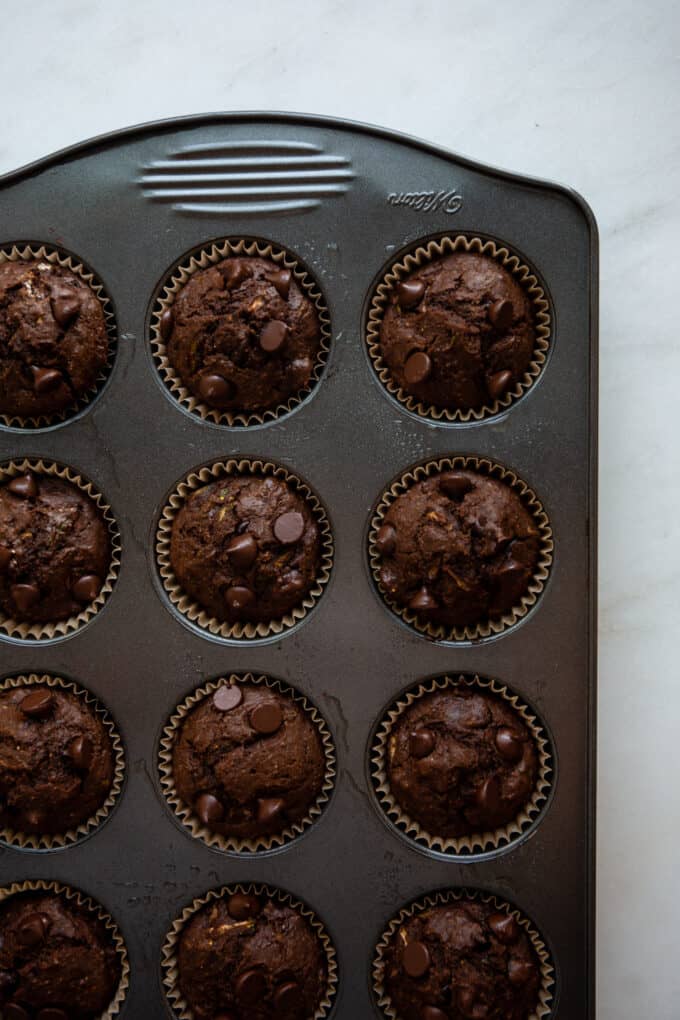 baked chocolate zucchini muffins in a muffin pan