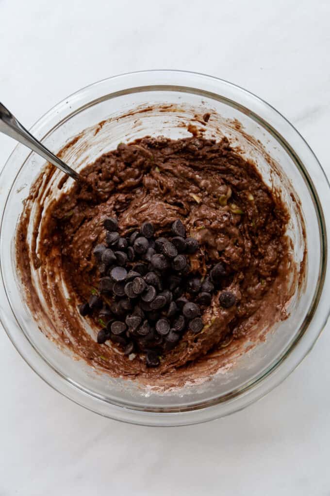 chocolate zucchini muffin batter with chocolate chips