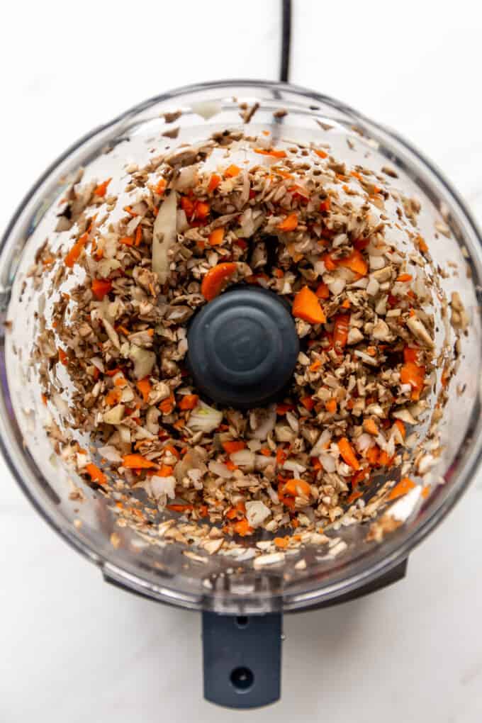 chopped mushrooms, carrots, onion and garlic in a food processor