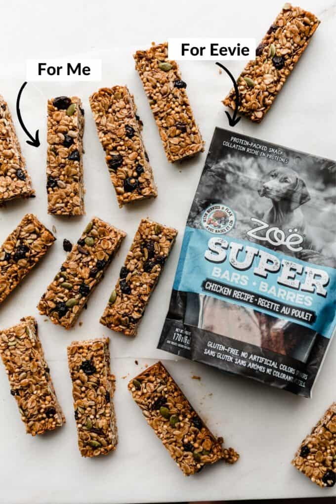 granola bars sliced next to a bag of Zoe super bars dog treats