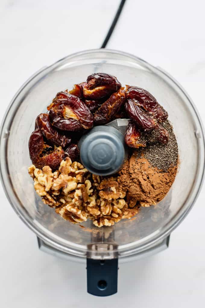 dates, walnuts, cocoa powder and chia seeds in a food processor