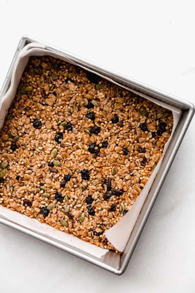 unbaked granola bars in a pan