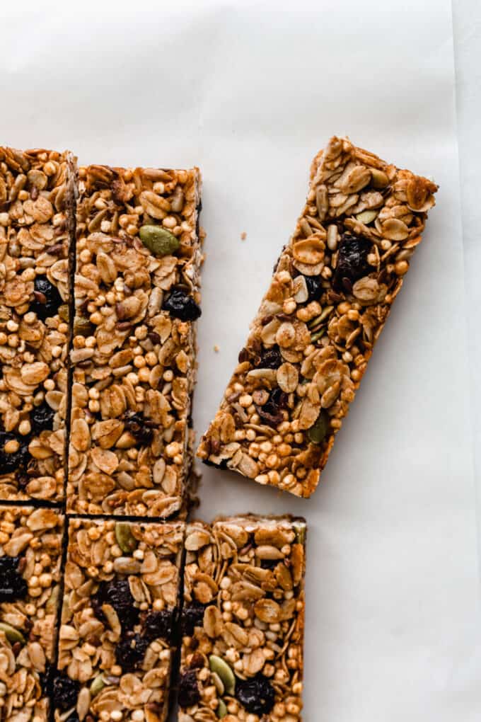 sliced homemade granola bars on parchment paper