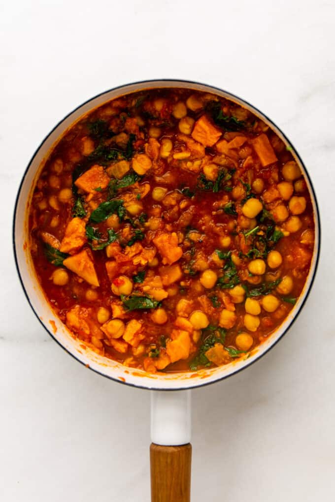 Moroccan chickpea stew in a white pot
