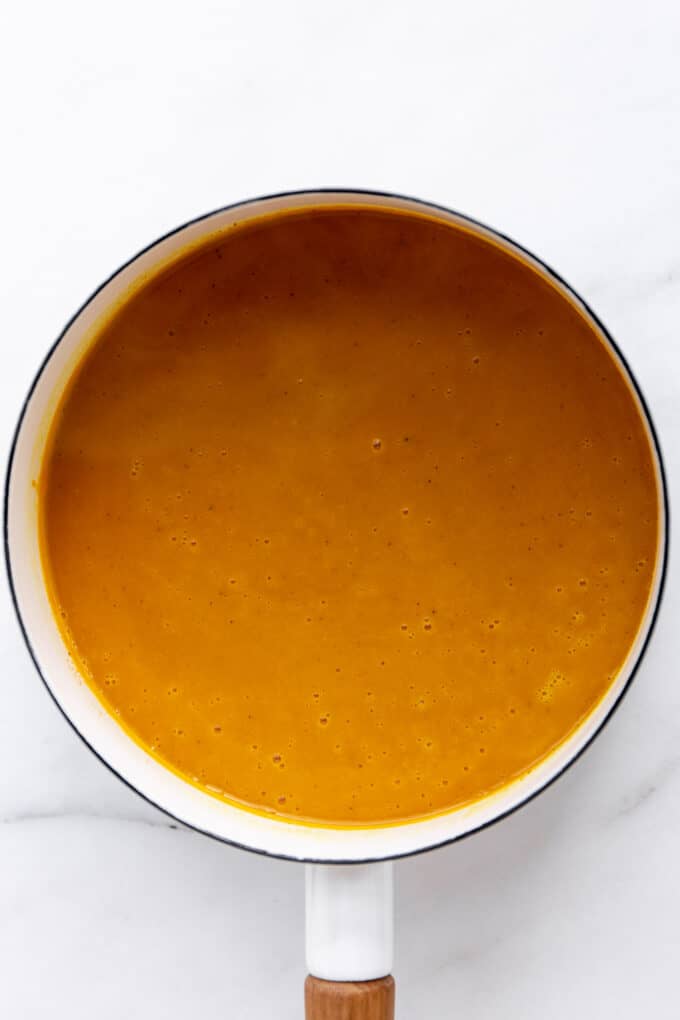 butternut squash sweet potato soup in a pot