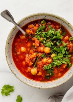 Moroccan chickpea stew in a white speckled bowl