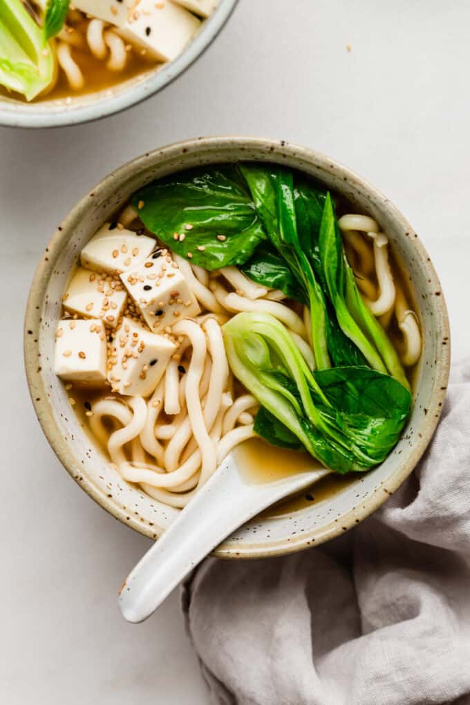 A bowl of udon noodle soup with bok choy and tofu