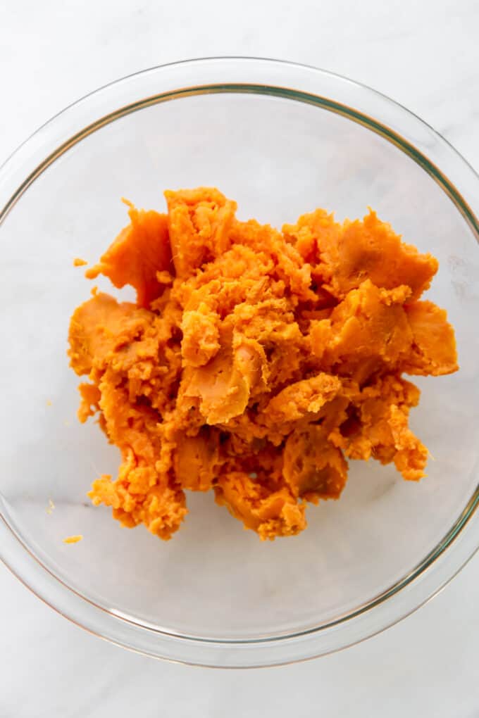 sweet potato in a clear mixing bowl