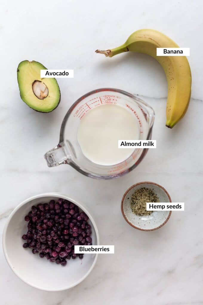 ingredients for a blueberry avocado smoothie