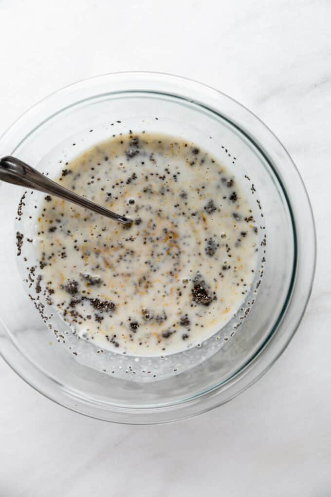 chia seeds, almond milk and peanut butter in a mixing bowl